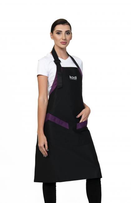 Schürze Kodi schwarz mit violetten Einsätzen, weißes Logo (lang)